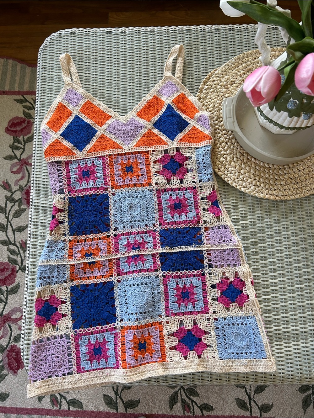 Handmade Crochet Patchwork Slip Dress in Navy, Orange, Pink, Lavender, Cream